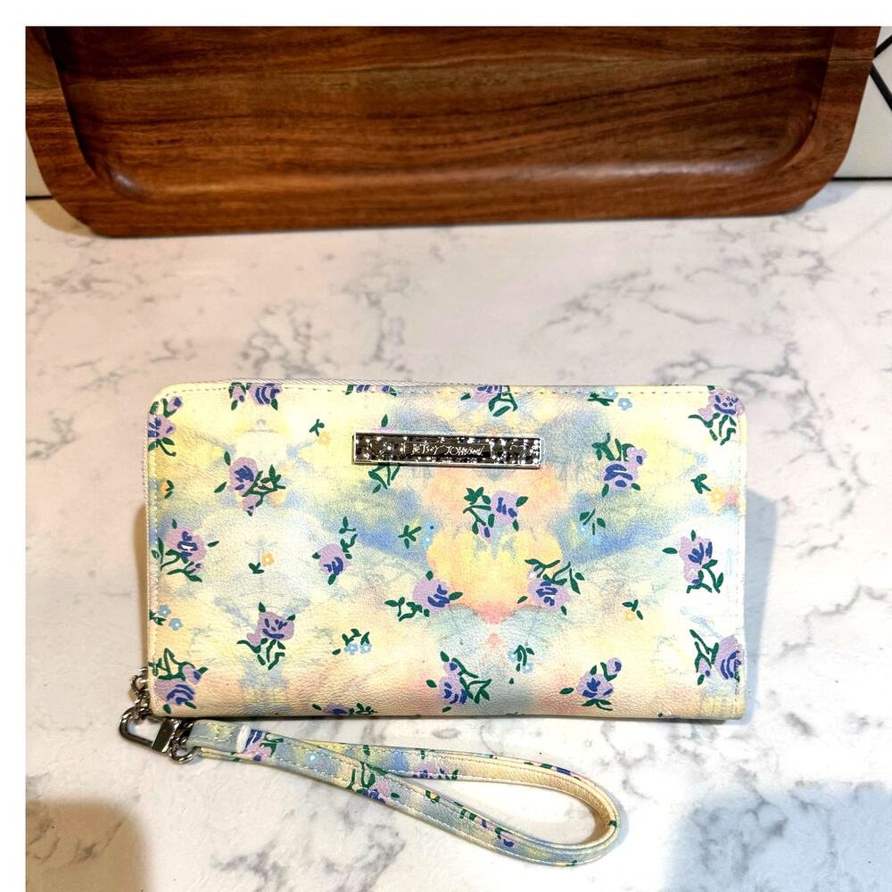 Betsey Johnson floral zip-around wallet wristlet pastel watercolor background